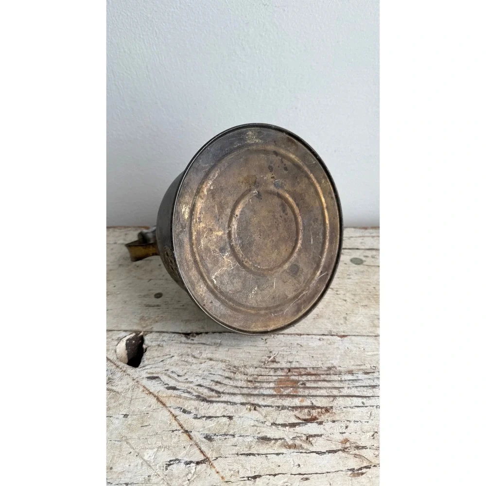 Antique Brass Tea Kettle Blue White Ceramic Handle Primitive Farmhouse